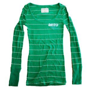 Aéropostale Green White Striped Wide Collar Long Sleeve Shirt Small
